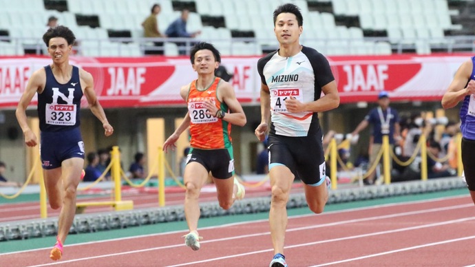 【第107回日本選手権】男子200ｍ予選3組　1着でフィニッシュした飯塚翔太