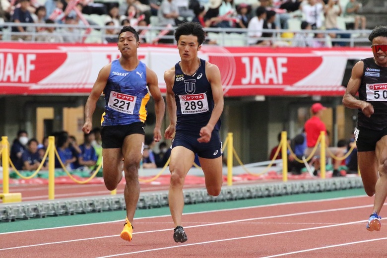 【第107回日本選手権】男子100m　自己新で2位に入った栁田大輝の走り