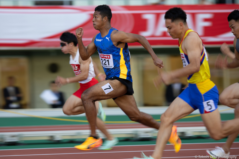 【第107回日本選手権】男子100m 予選3組　連覇を狙うサニブラウン アブデルハキームが、予選をトップタイムで通過