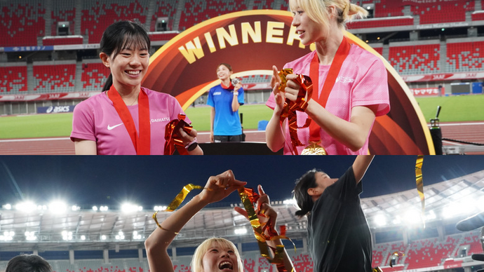 【第110回日本選手権】DAY3 メダルセレモニー：紙吹雪を拾い、観客席へ投げ込む、船田茜理
