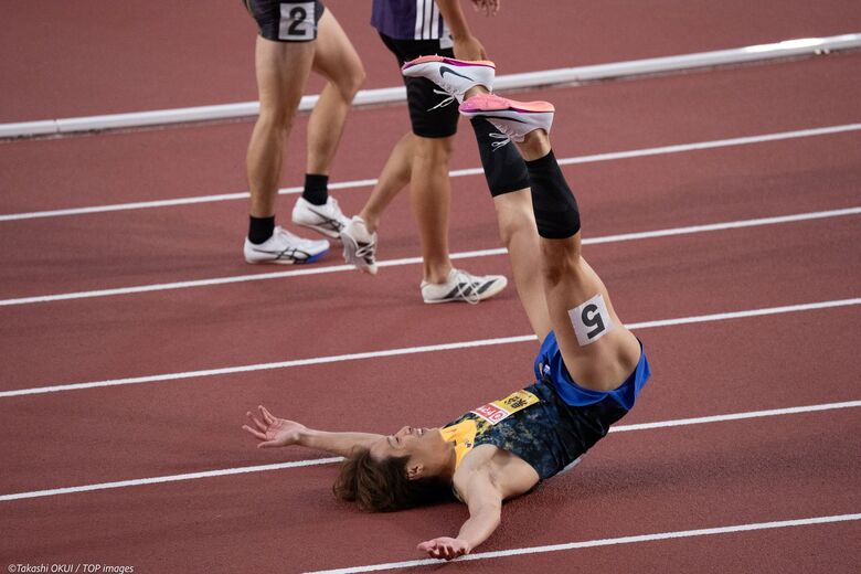 【第110回日本選手権】男子110mハードル 決勝:フィニッシュ後に全身で喜びを表現する泉谷駿介