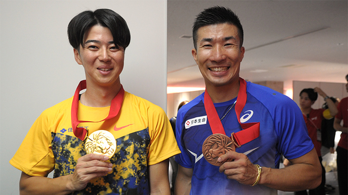 【第110回日本選手権】DAY2 メダルセレモニー:場内をもっとも沸かせた男子100mのメダリストのツーショット!