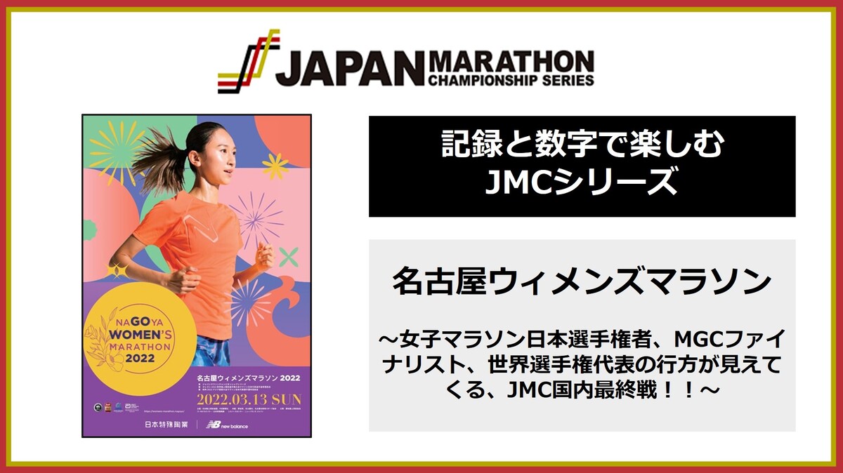 記録と数字で楽しむjmcシリーズ 女子マラソン日本選手権者 Mgcファイナリスト 世界選手権代表の行方が見えてくる 国内最終戦 名古屋ウィメンズマラソン 22 ジャパンマラソンチャンピオンシップシリーズ Japan Marathon Championship Series Jmc